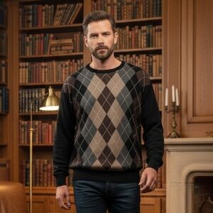 Brandini 100% Fine Merino Wool Argyle Sweater M Black Made in Italy Luxury